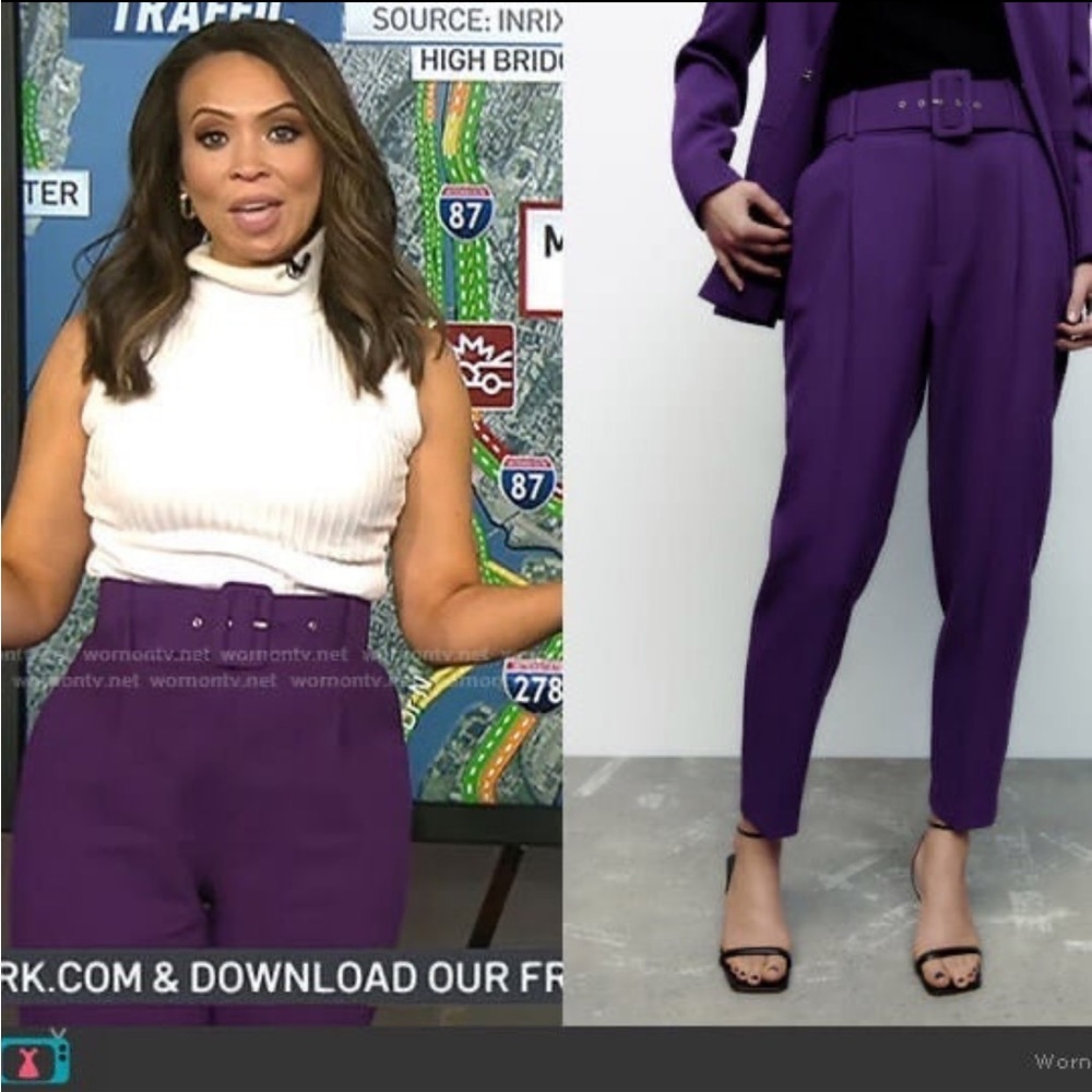 Zara HIGH-WAIST SKINNY TROUSERS W/ BELT PURPLE  COLOR SIZE S NEW